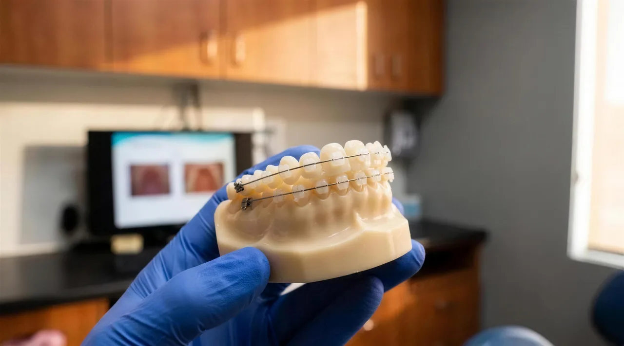 Tooth-coloured ceramic braces on a dental model at Enhanced Dental Studios.