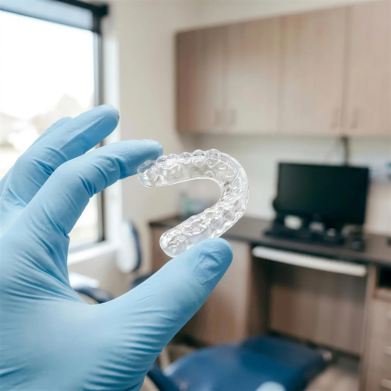 A clear custom occlusal splint made at Enhanced Dental Studios.
