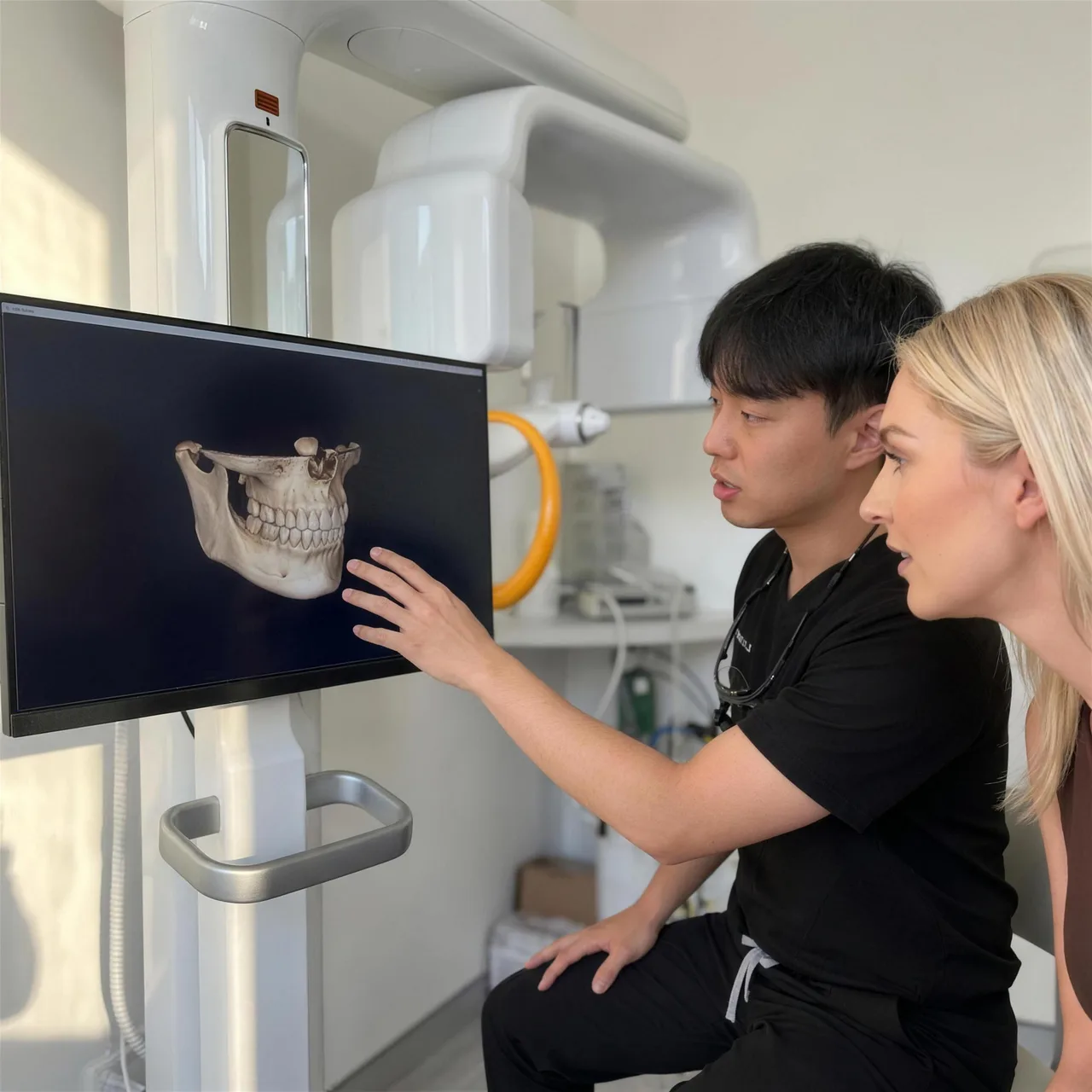 A dentist and patient reviewing a 3D jaw scan together at Enhanced Dental Studios.