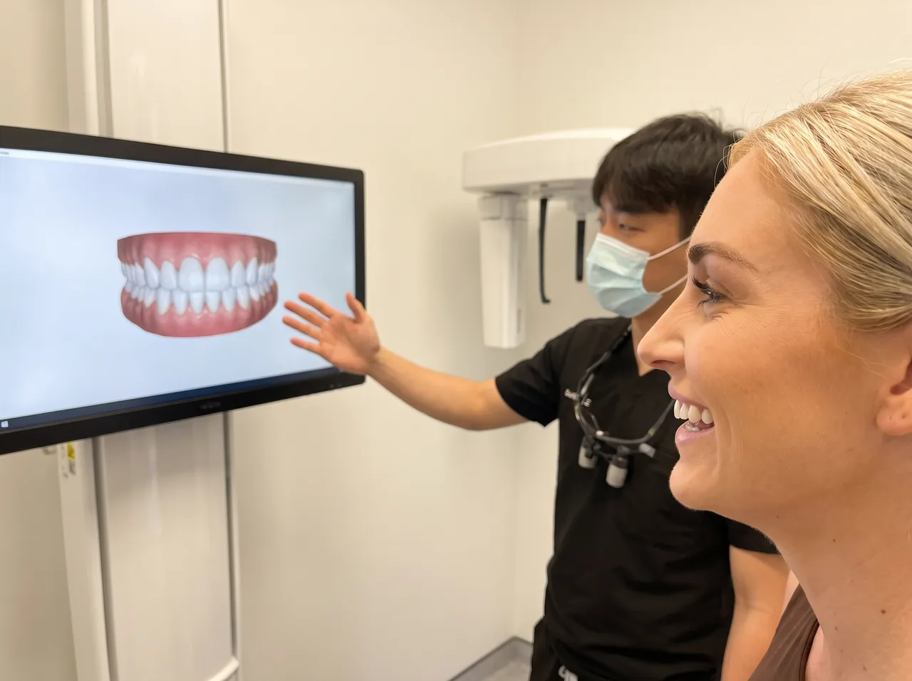 A patient seeing her digital smile design on screen at Enhanced Dental Studios.