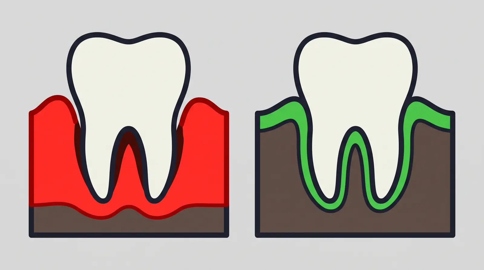 A cross-section diagram comparing an inflamed red gum pulled away from the tooth with a healthy gum sitting tight against it.