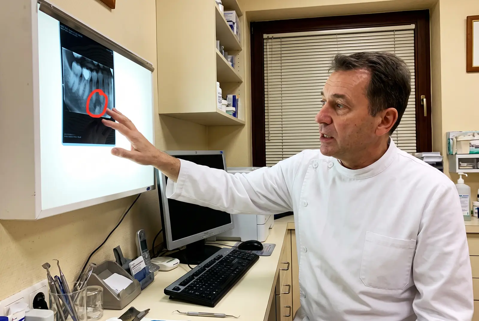 A dentist pointing at a marked area on an x-ray, mid-explanation.