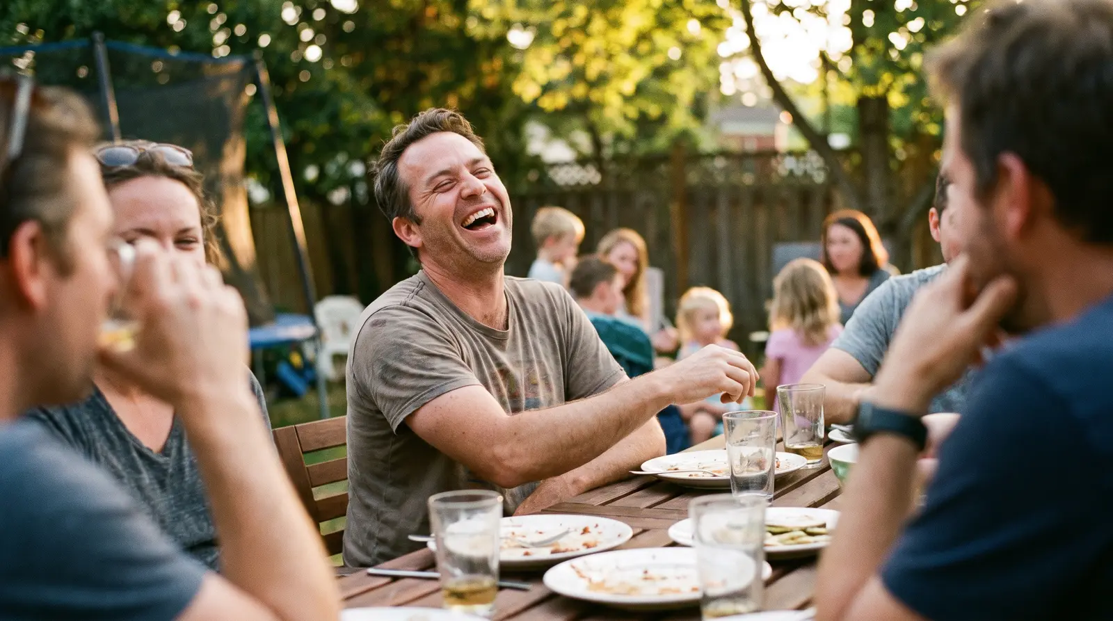 A man laughing openly and unguarded at a crowded outdoor table with friends, hands nowhere near his face.