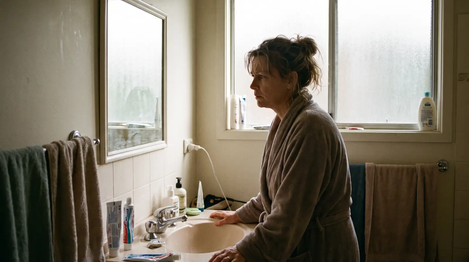 A woman at a bathroom mirror in the morning, looking at her own reflection with a considering expression.