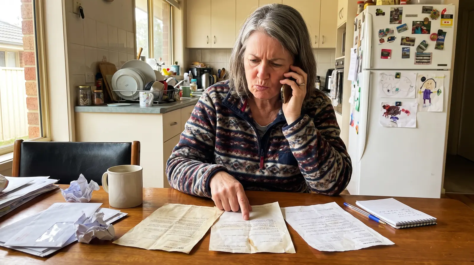 A woman at her kitchen table on the phone, pointing at one of three different dental quotes spread out in front of her.