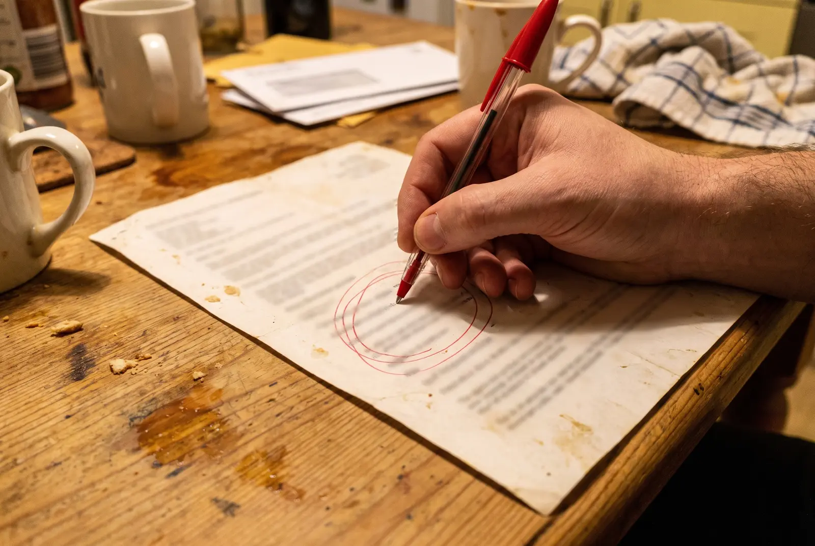 A hand circling one line on a printed quote with a red pen.