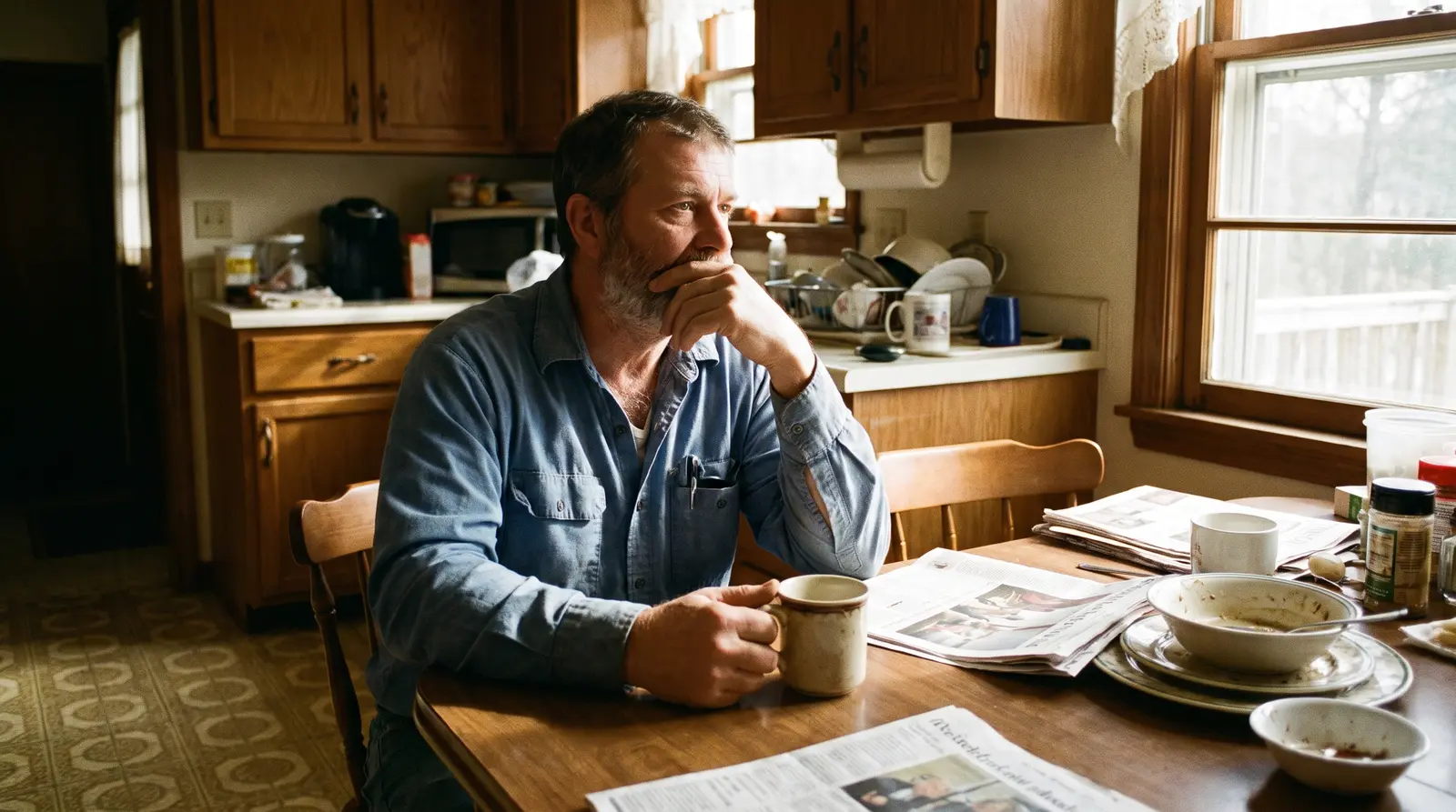 A man in his fifties at a kitchen table with friends, caught mid-laugh with his hand already rising to cover his mouth.