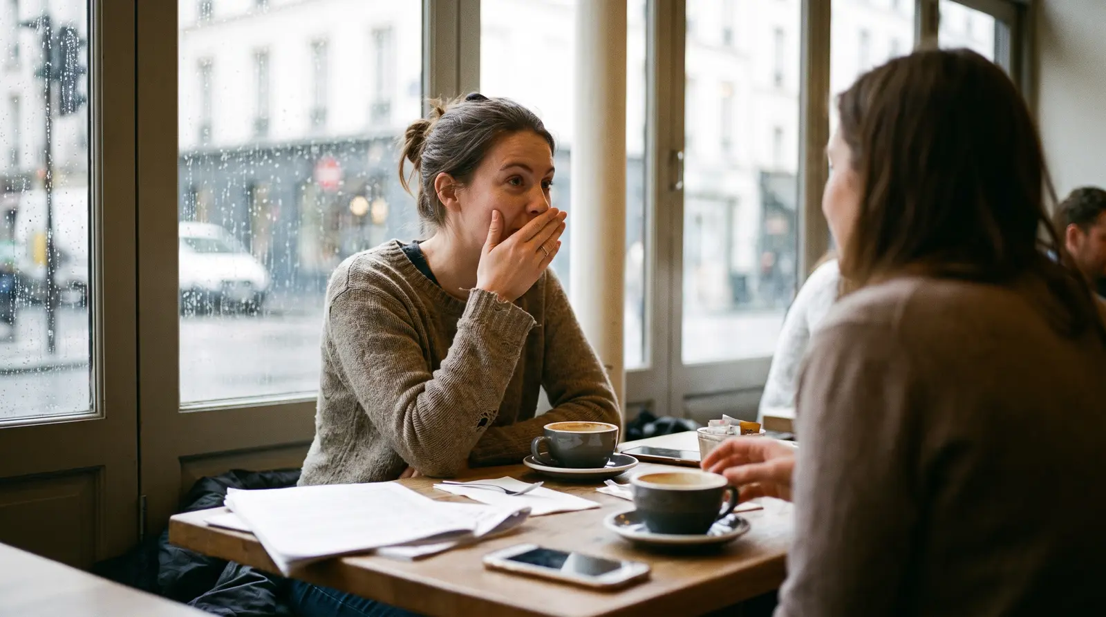A woman in her early thirties at a cafe table talking to a friend, her hand half raised in front of her mouth as she speaks.
