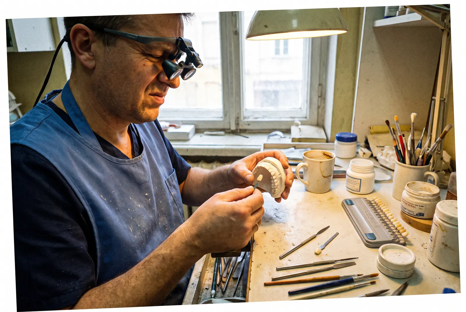 A ceramicist at the bench holding a single shade tab up against a model, comparing them by eye.