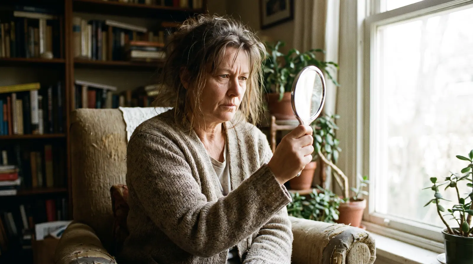 A woman by a window holding a small hand mirror at an angle, studying her reflection with an undecided expression.