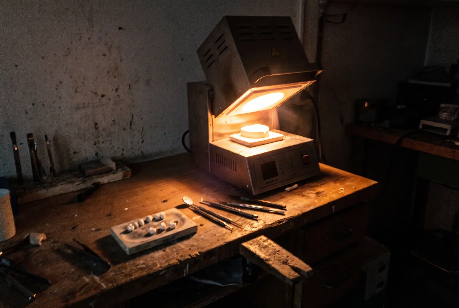 A porcelain furnace open in a dim workshop, the chamber glowing, a tray of small crowns waiting beside it.