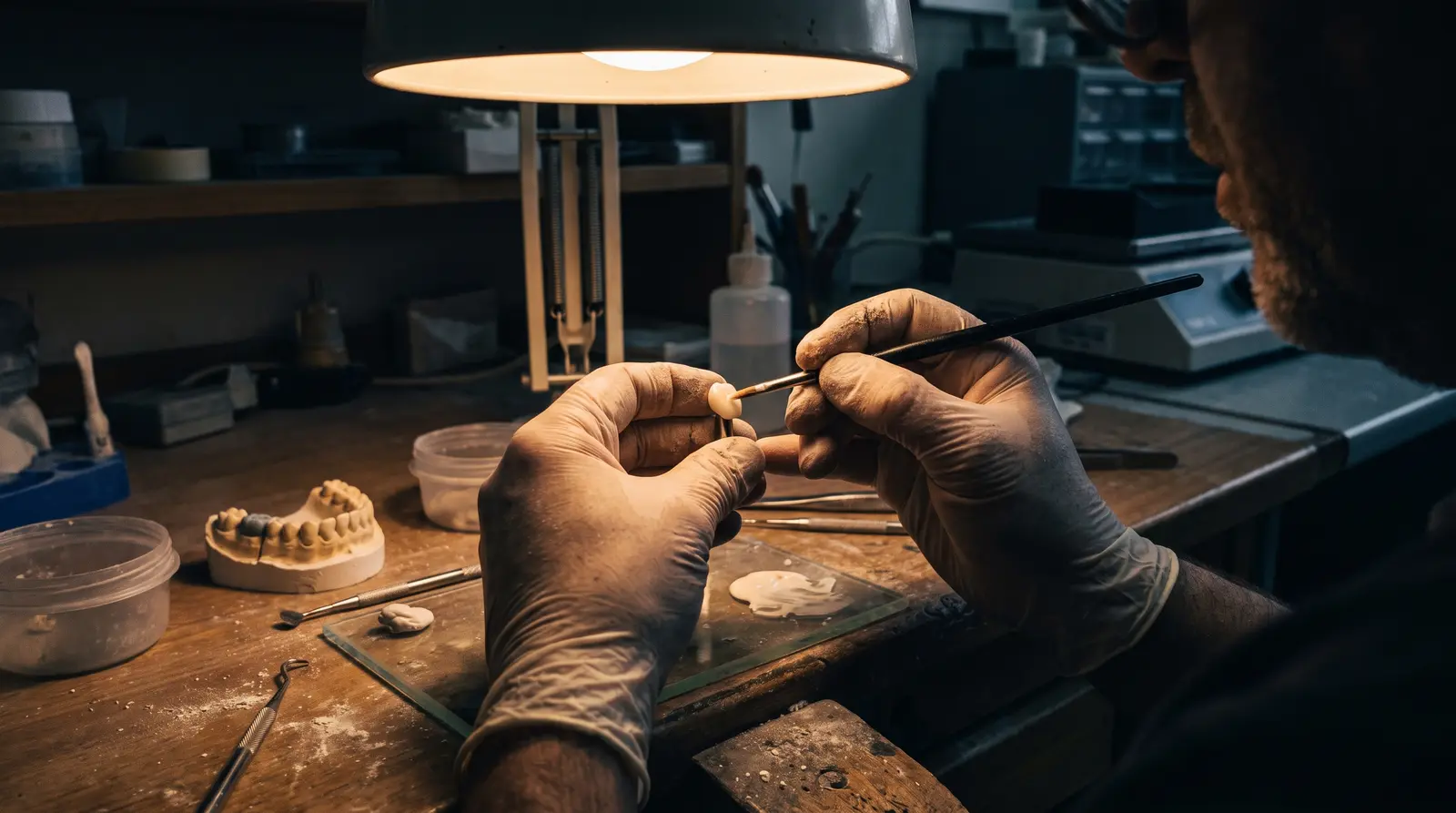 A ceramicist's hands under a bench lamp, loading porcelain onto a tiny crown with a fine brush.