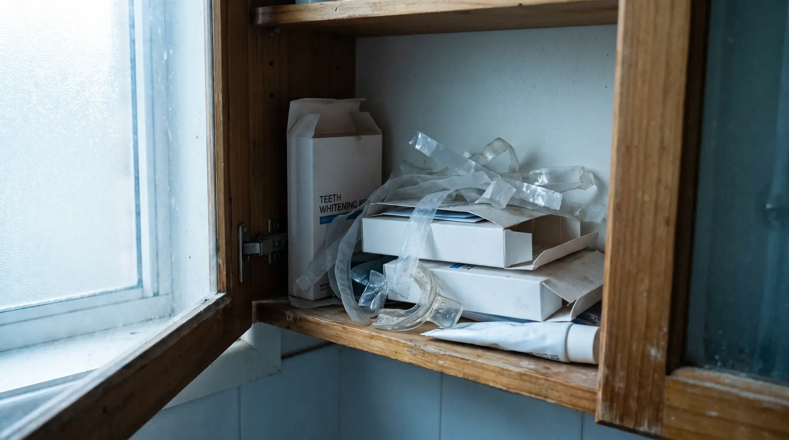 A crowded bathroom cabinet shelf of half-used whitening boxes, loose strips and a mouth tray.