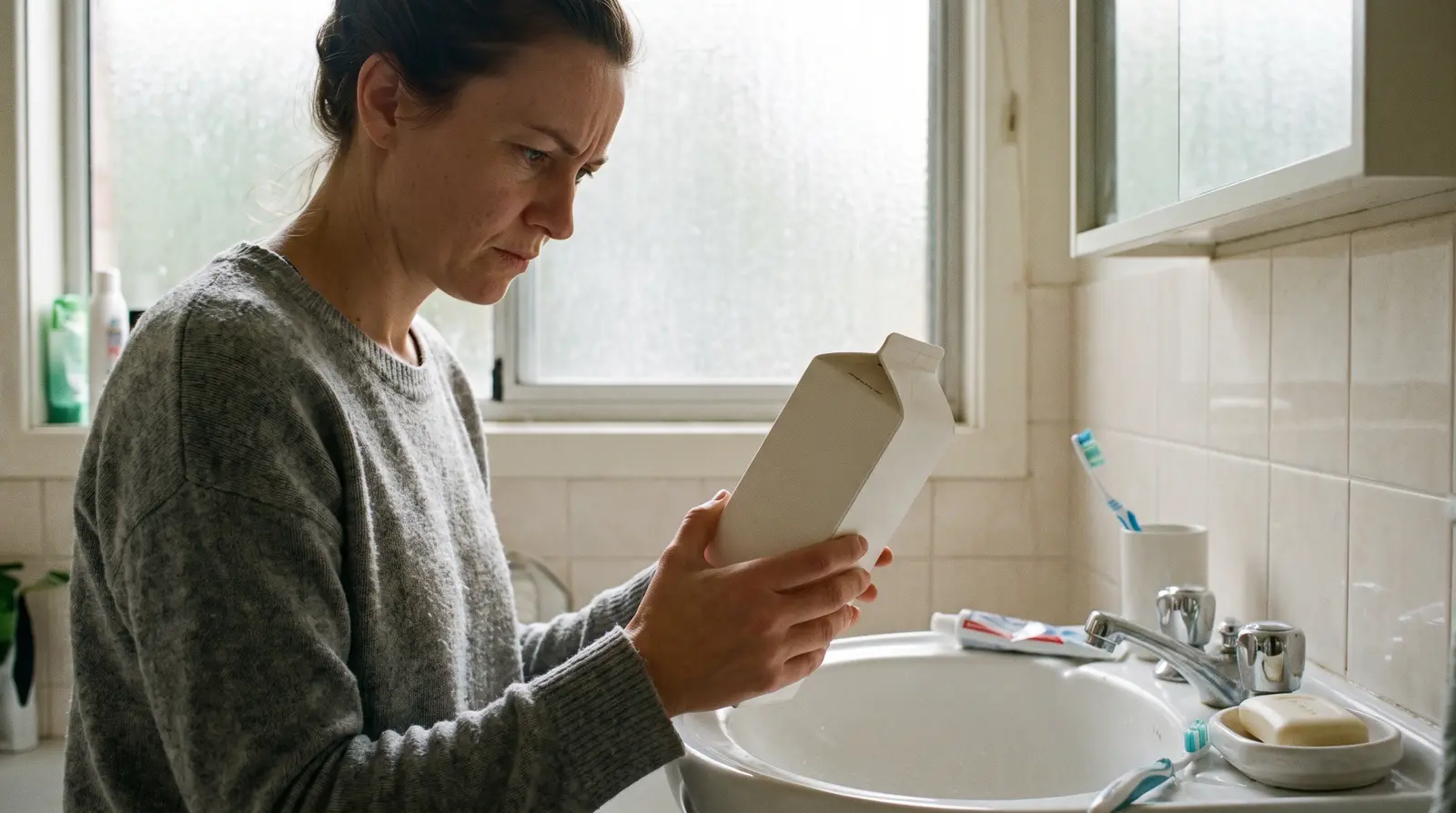 A woman in a bathroom turning a whitening kit box over to read the back of it, uncertain.