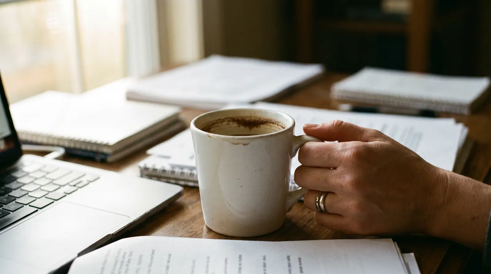 A well-used white mug on a desk with a dark tea stain ringing the inside rim, a hand curled around it.
