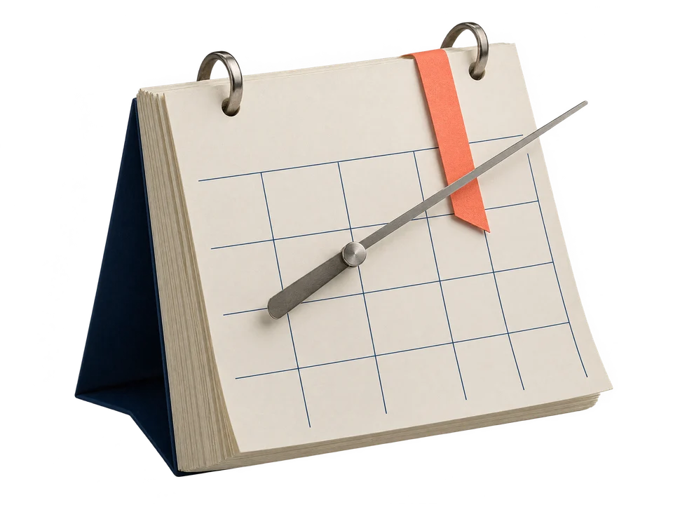 Calendar and clock hand representing time reserved for care.
