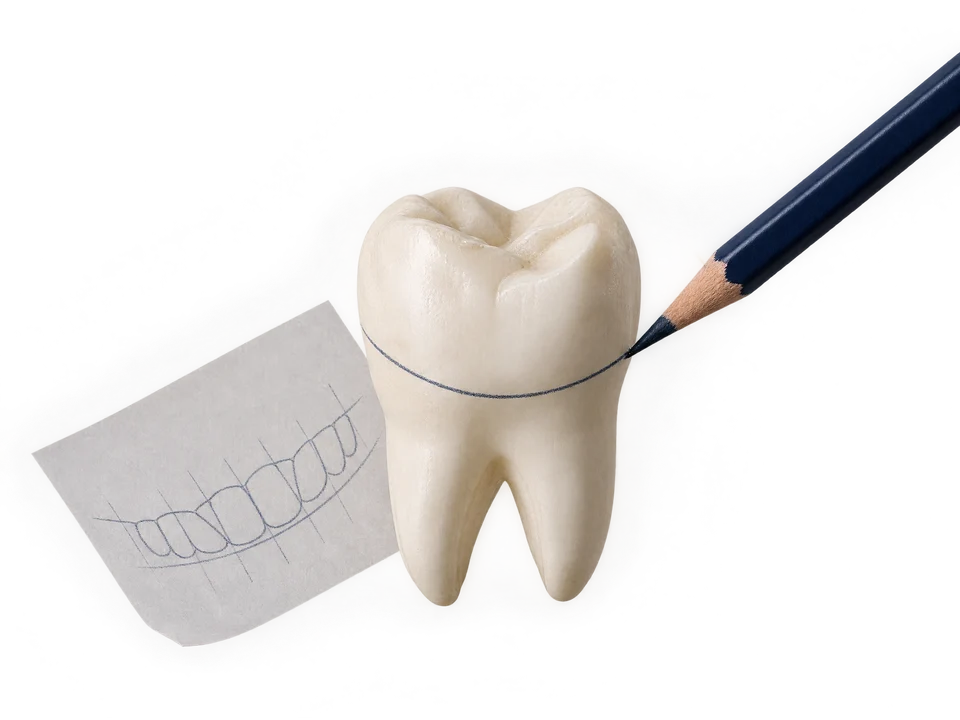A pencil and dental model representing individual smile planning.
