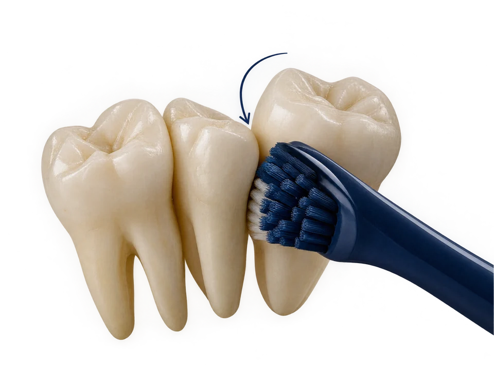 Crowded dental model teeth beside a toothbrush.