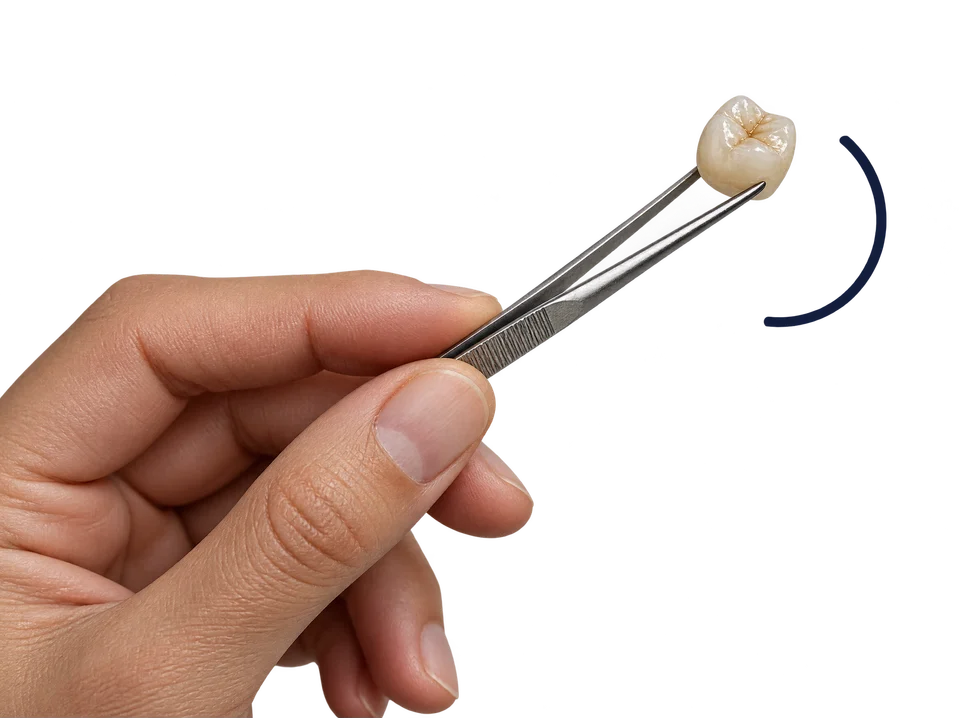 A ceramic crown held with precision tweezers, representing dental craftsmanship.