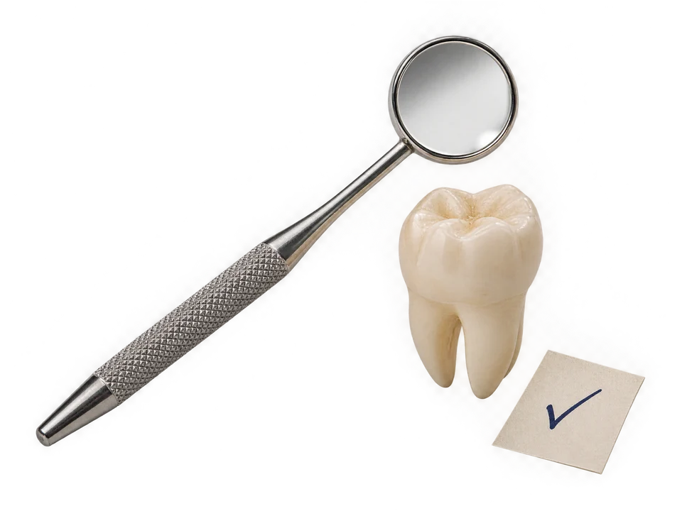 An inspection mirror, model tooth and check mark representing routine care.