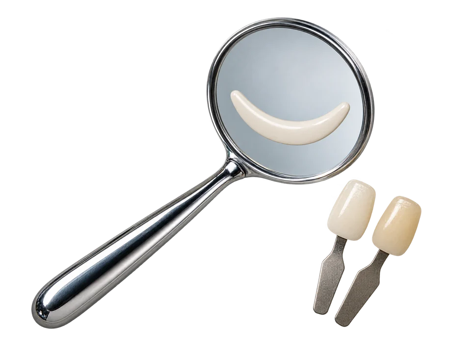 A mirror, ceramic smile arc and natural shade tabs.