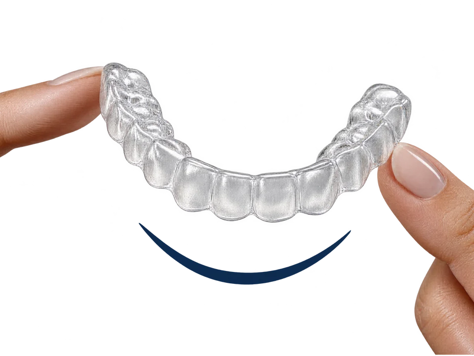 Fingertips holding a clear aligner above a smile curve.