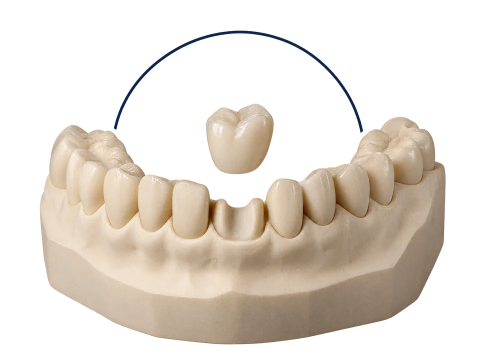A dental study model with a crown above a missing tooth space.