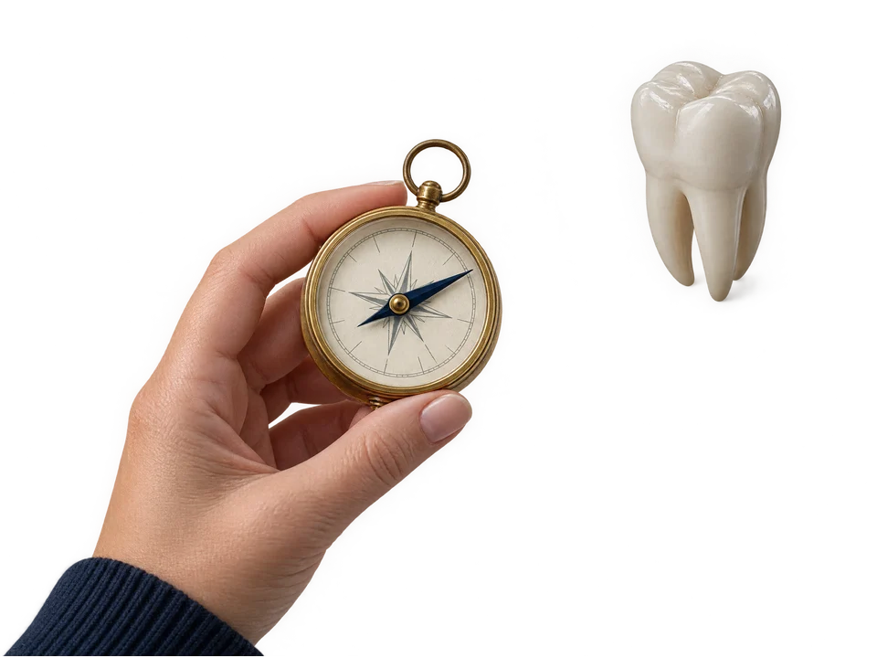 A hand holding a compass toward a dental model tooth, representing guidance.
