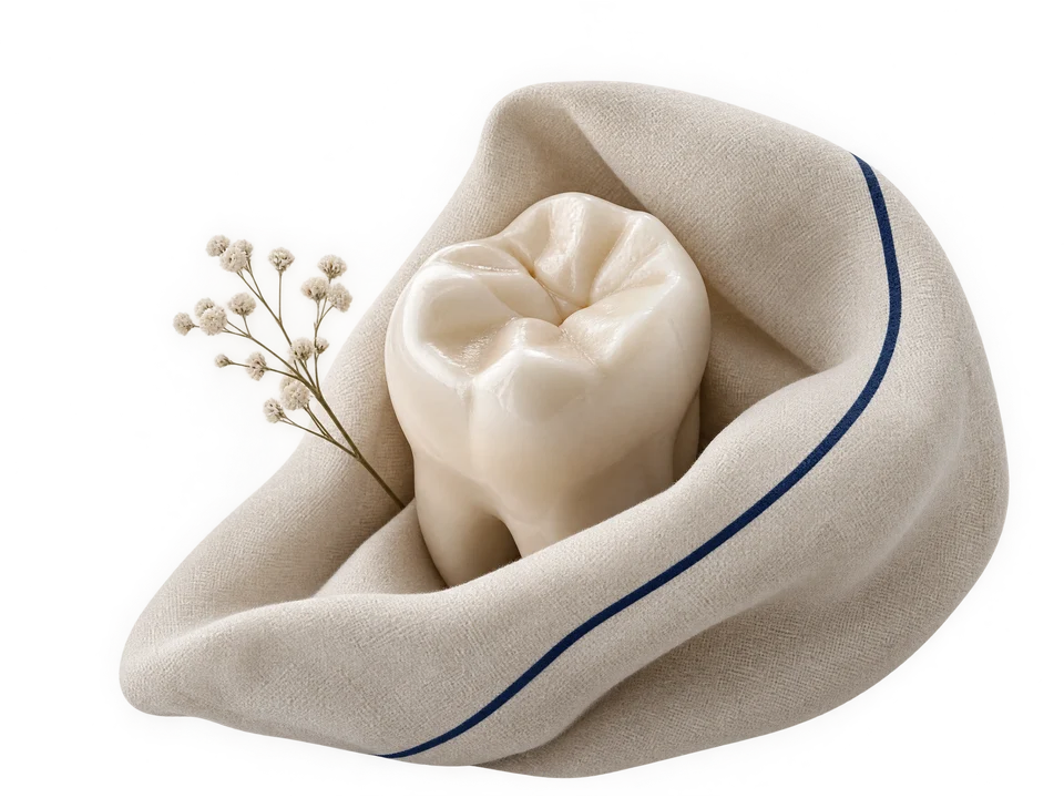 A dental model tooth nestled in linen, representing gentle care.