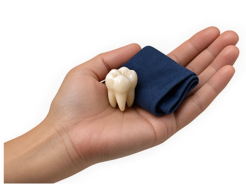 A hand supporting a dental model tooth, representing reassuring care.