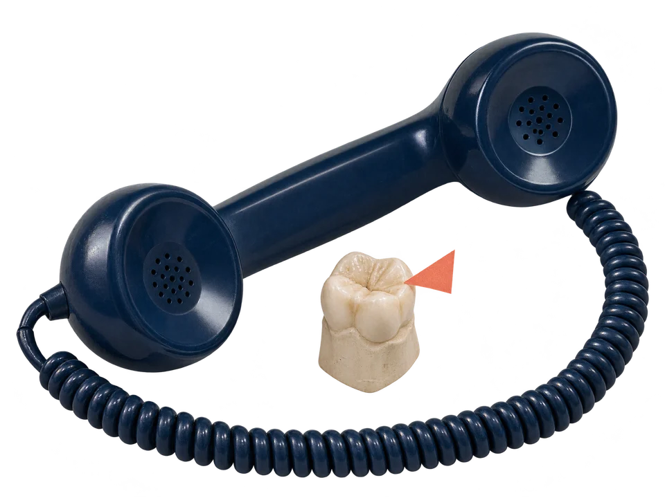 A telephone receiver and dental model tooth representing urgent help.