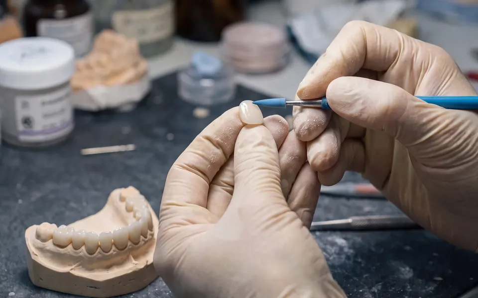 A porcelain veneer being hand-finished on a model at the Enhanced Dental Studios lab.