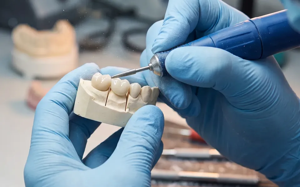 A crown being hand-finished on a model at the Enhanced Dental Studios lab bench.