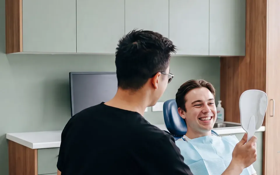 A patient seeing his new smile in the mirror at Enhanced Dental Studios.