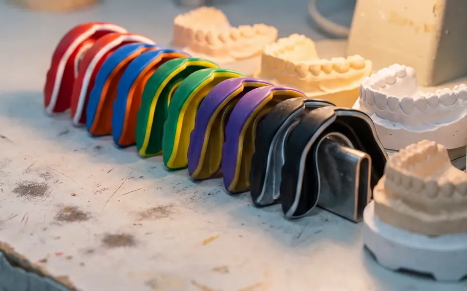A rack of custom sports mouthguards in team colours at the Enhanced Dental Studios lab.
