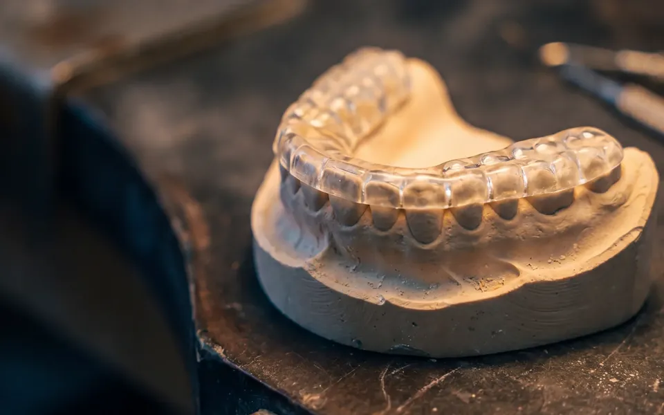 A clear night splint seated on a model of a patient's teeth at the lab bench.