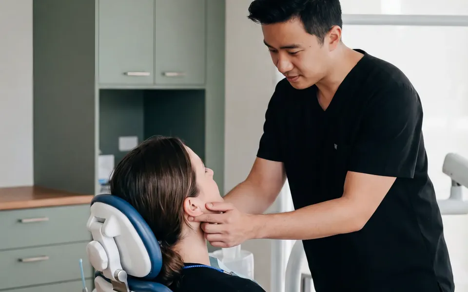 An Enhanced Dental Studios dentist examining a patient's jaw joint for TMJ pain.