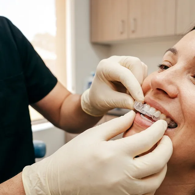 A clear aligner being gently seated at Enhanced Dental Studios.