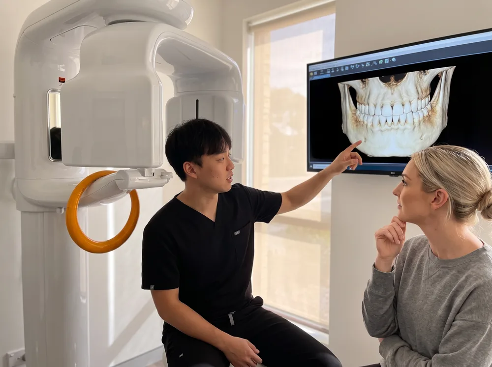 A dentist walking a patient through their 3D scan at Enhanced Dental Studios.