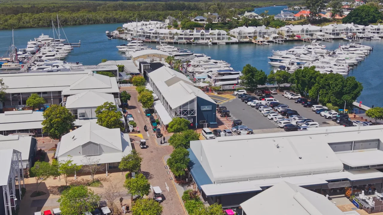 Aerial view of Sanctuary Cove marina and the clinic precinct.