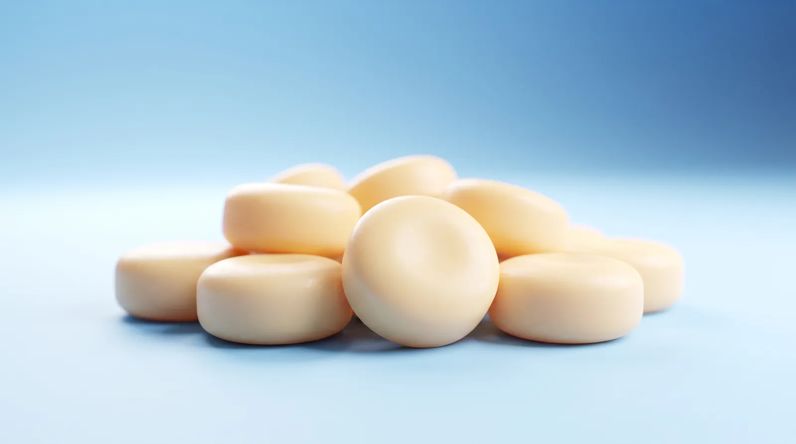A small pile of round white mints resting together, seen from a low angle