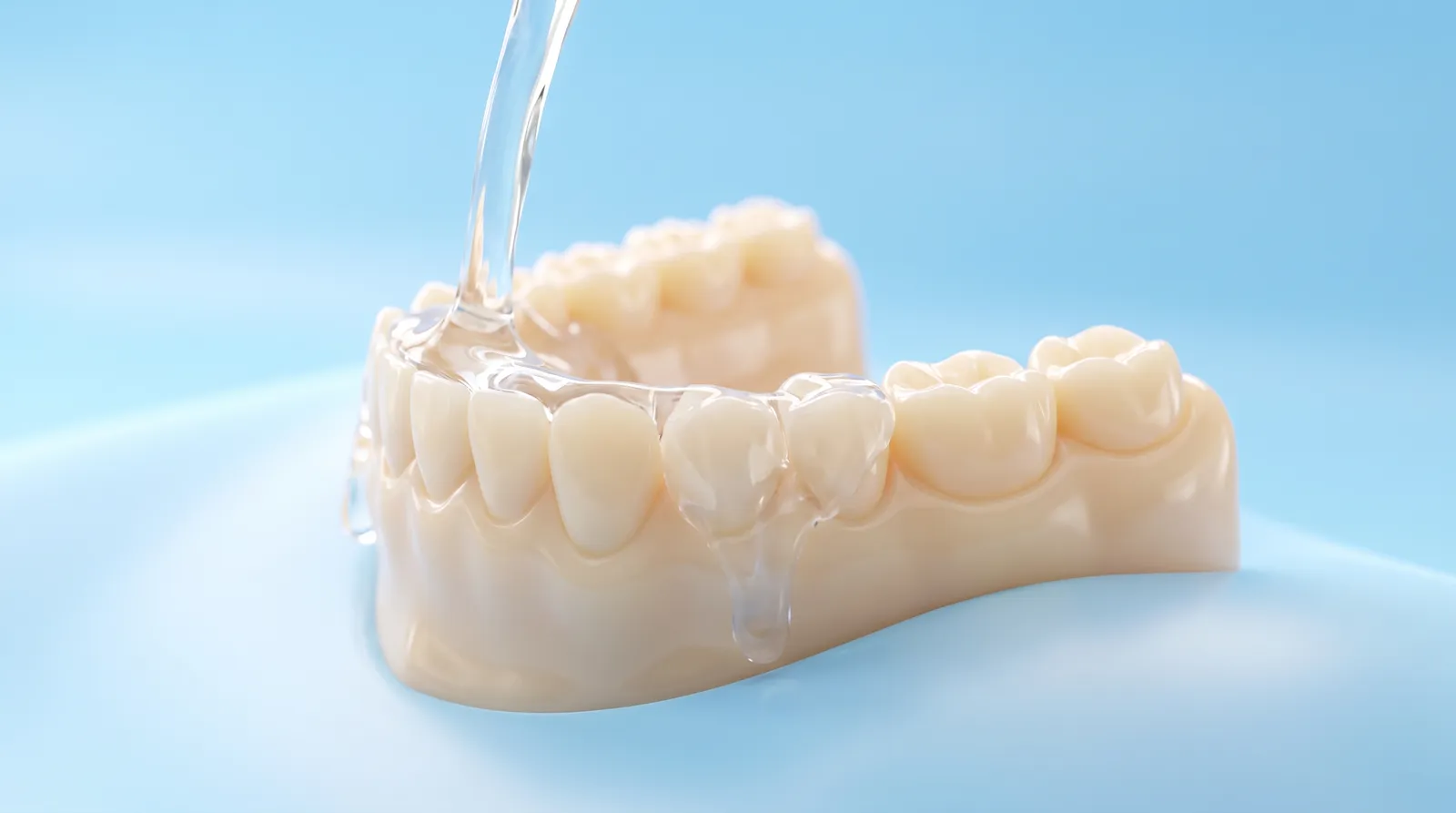 A clear liquid rinsing across the smooth outer surface of a dental arch model