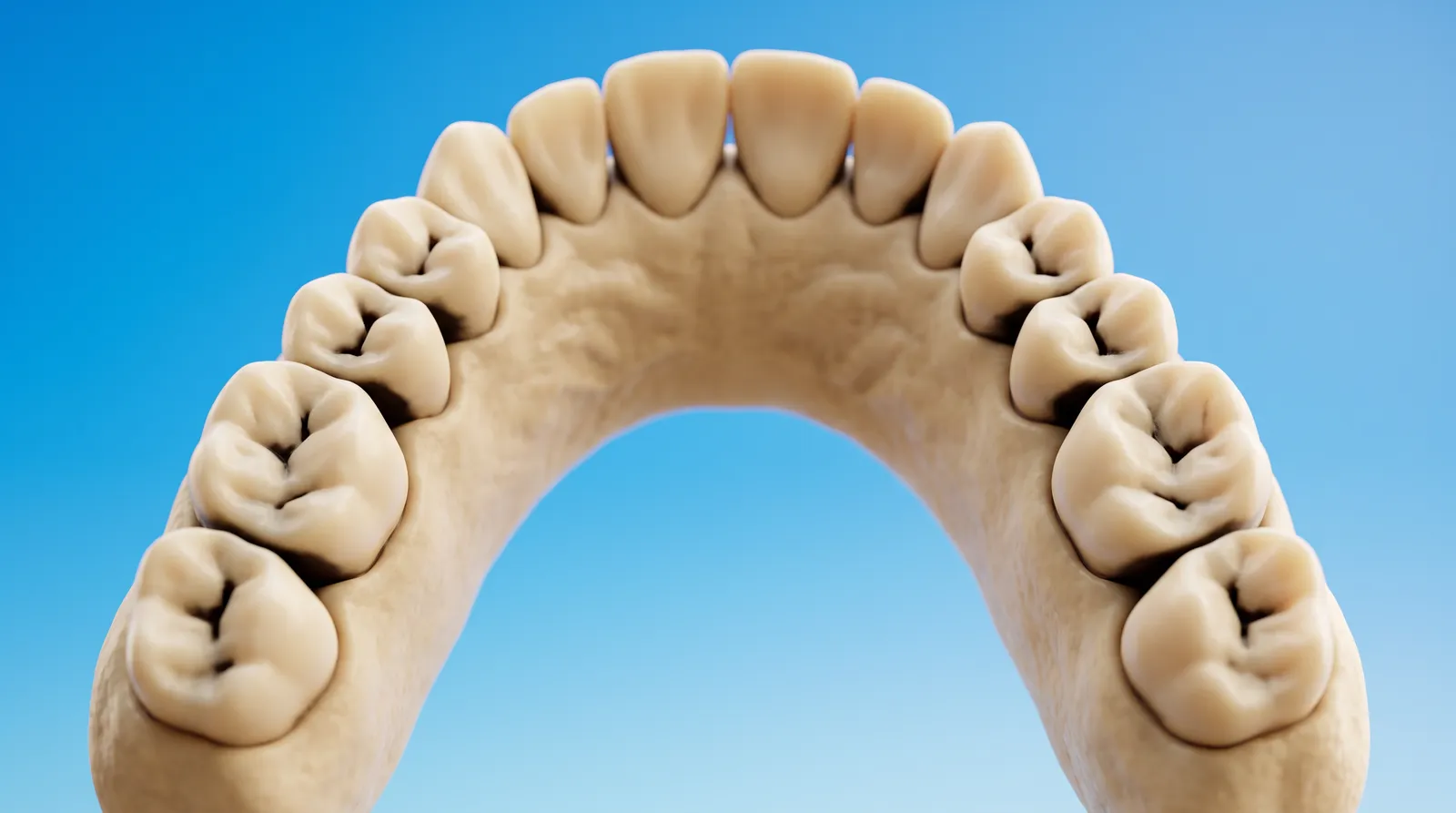 A dental arch model seen from above with dark shadowed gaps between the back teeth