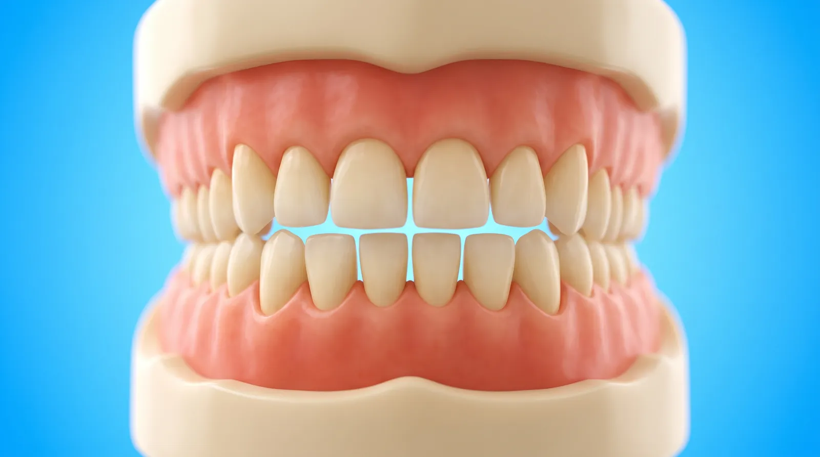 A clean healthy dental arch model with firm gums and clear spaces between the teeth