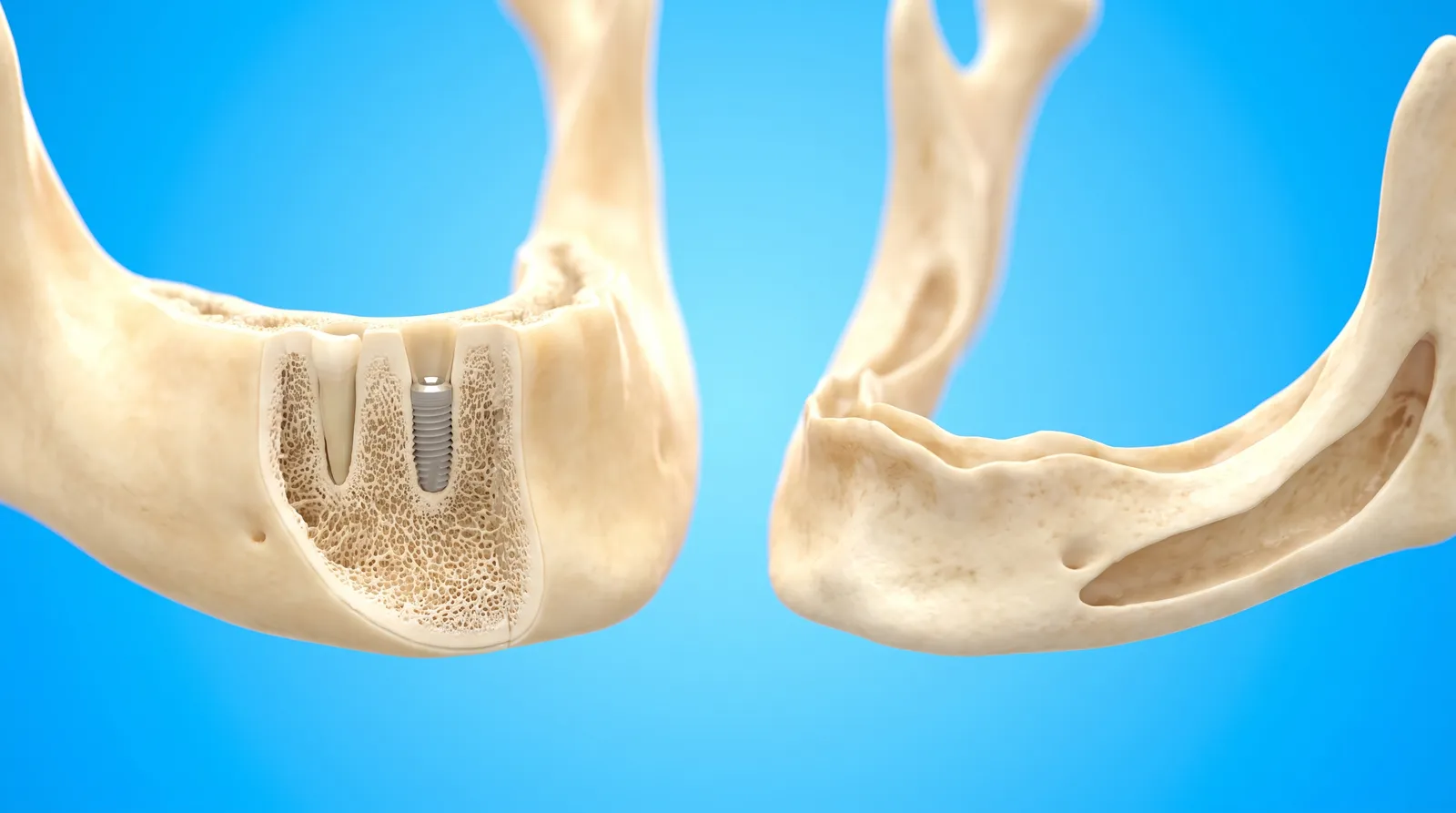 Two cut-through jaw sections side by side, one full and rounded, the other low and thin