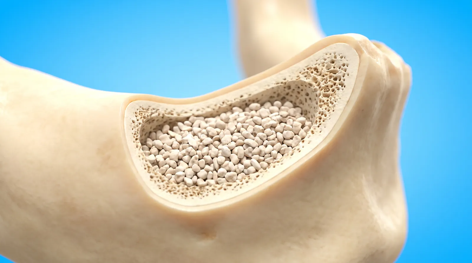 A cut-through jaw ridge with fine pale graft granules packed into a hollow in the bone