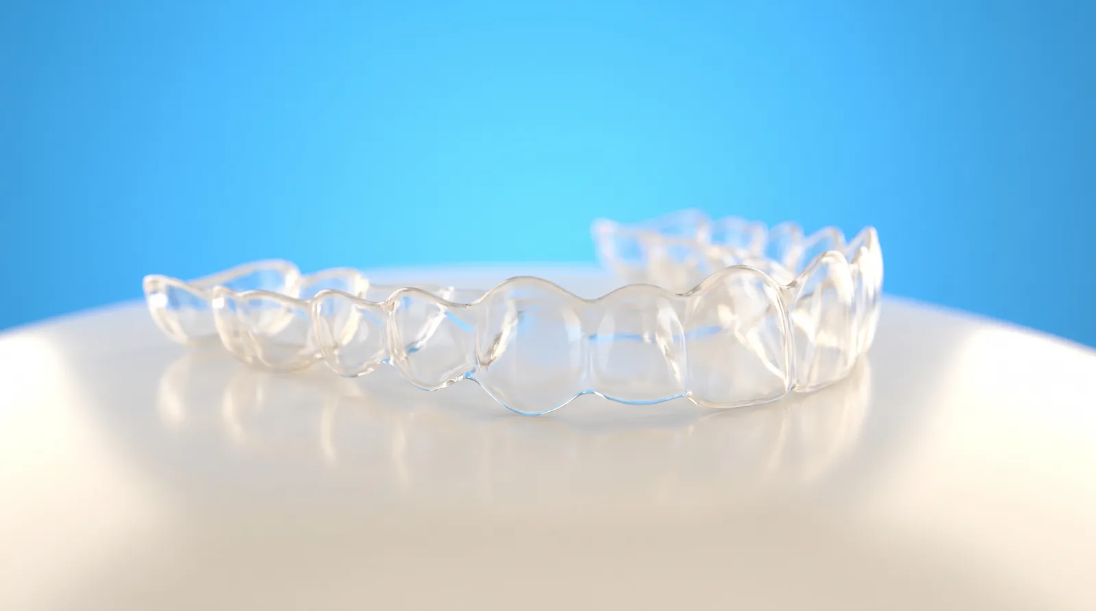A single clear aligner tray resting on its own, transparent and thin