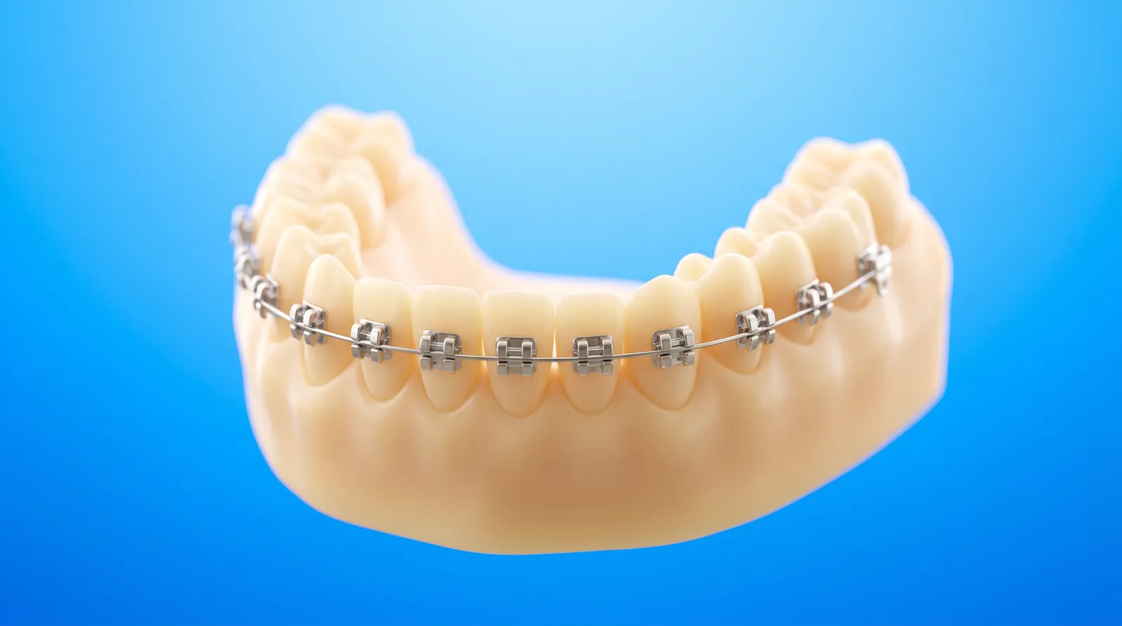 A dental arch model with fixed metal brackets bonded across the front of every tooth
