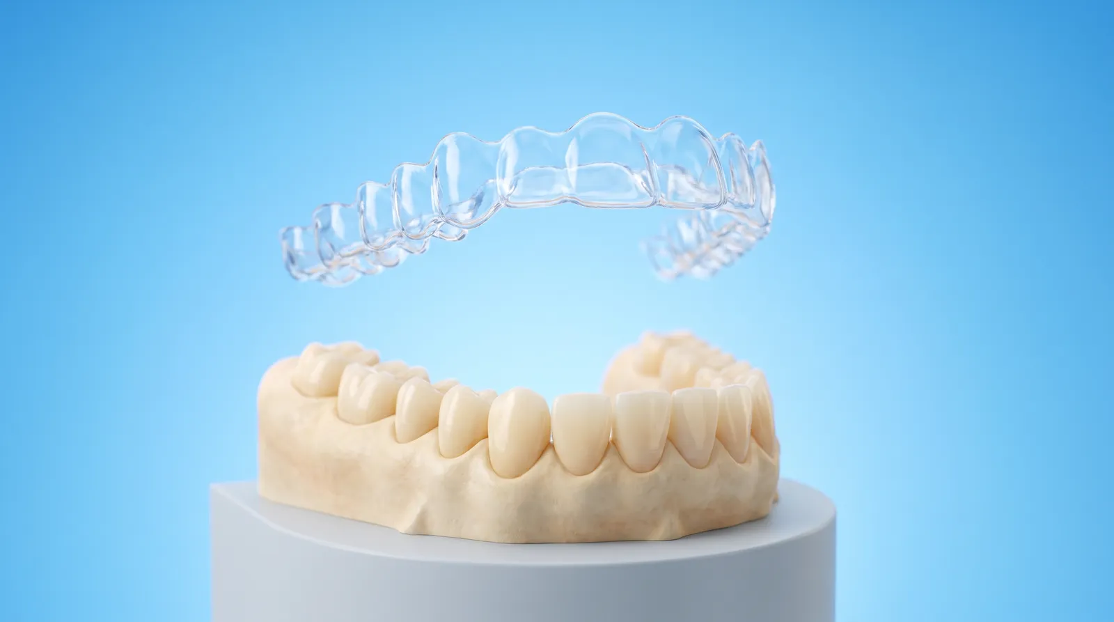 A clear aligner tray lifted clear above a dental arch model, floating away from it