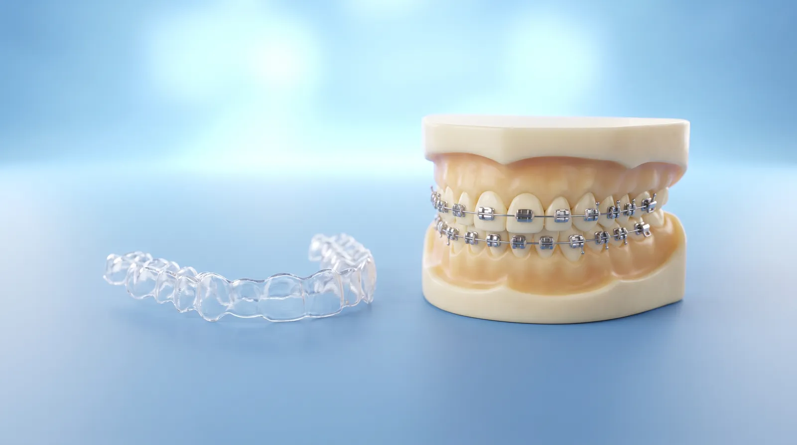 A clear aligner tray and a bracketed arch model side by side, equal in the frame